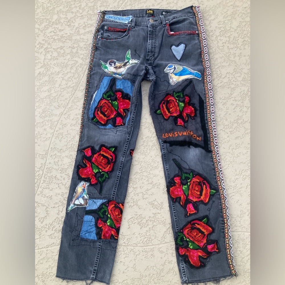 Upcycled Patched Lee Jeans Festival Pearl Style Louis Vuitton Rose Birds 32x29